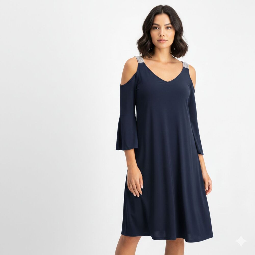 NWT MSK Navy Blue Cold-Shoulder Dress with Rhinestone Straps‎ – Size 6